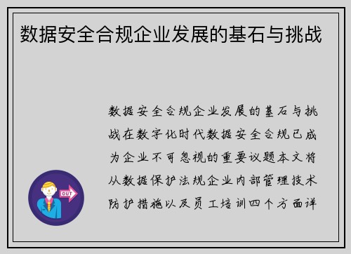 数据安全合规企业发展的基石与挑战